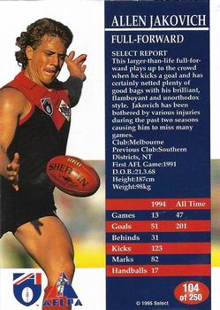 1995 Select AFL #104 Allen Jakovich Back